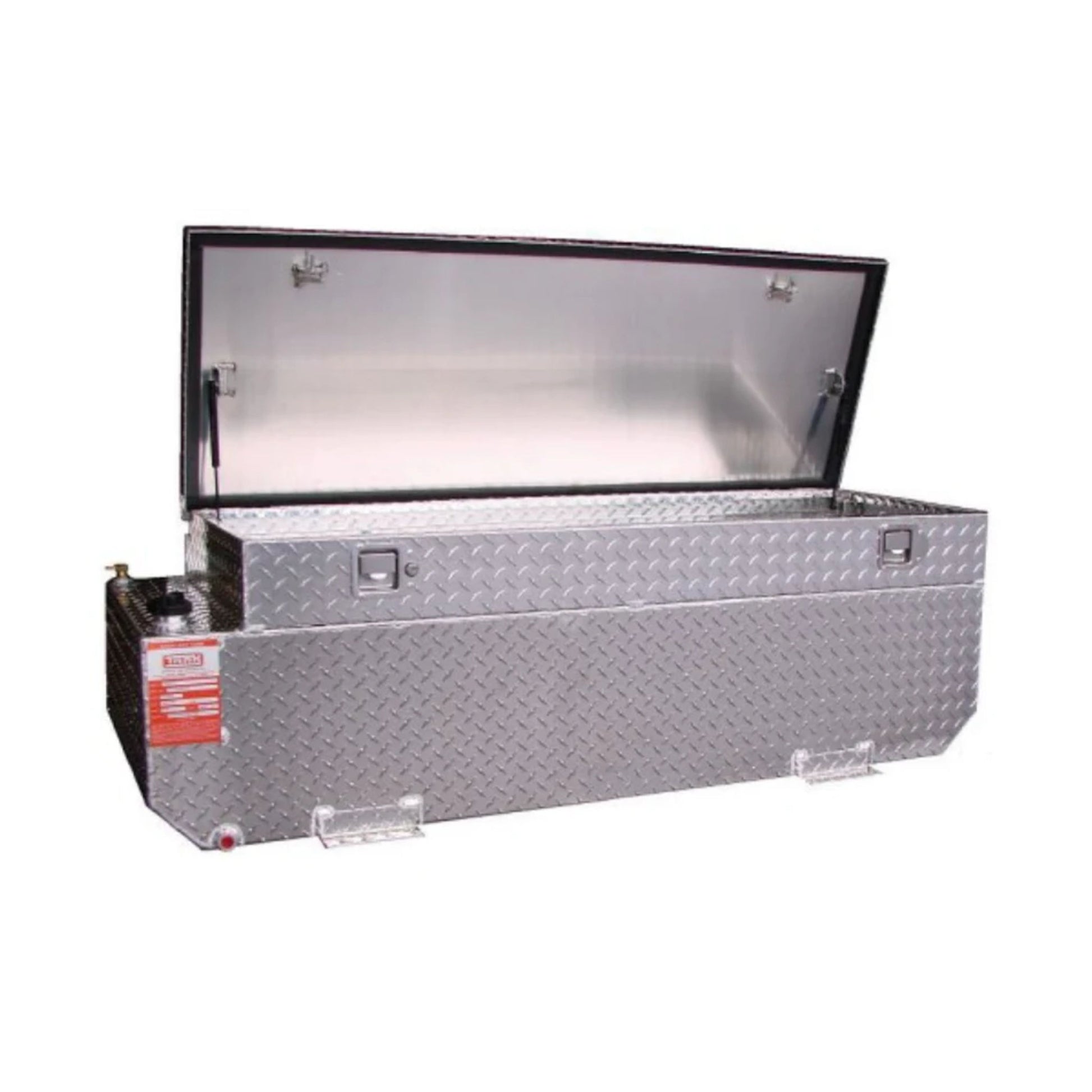 ATI AUX65CBRG 62 gallon combo auxiliary gasoline fuel tank with toolbox SKU AUX65CBRG bright diamond plate aluminum full view with lid open