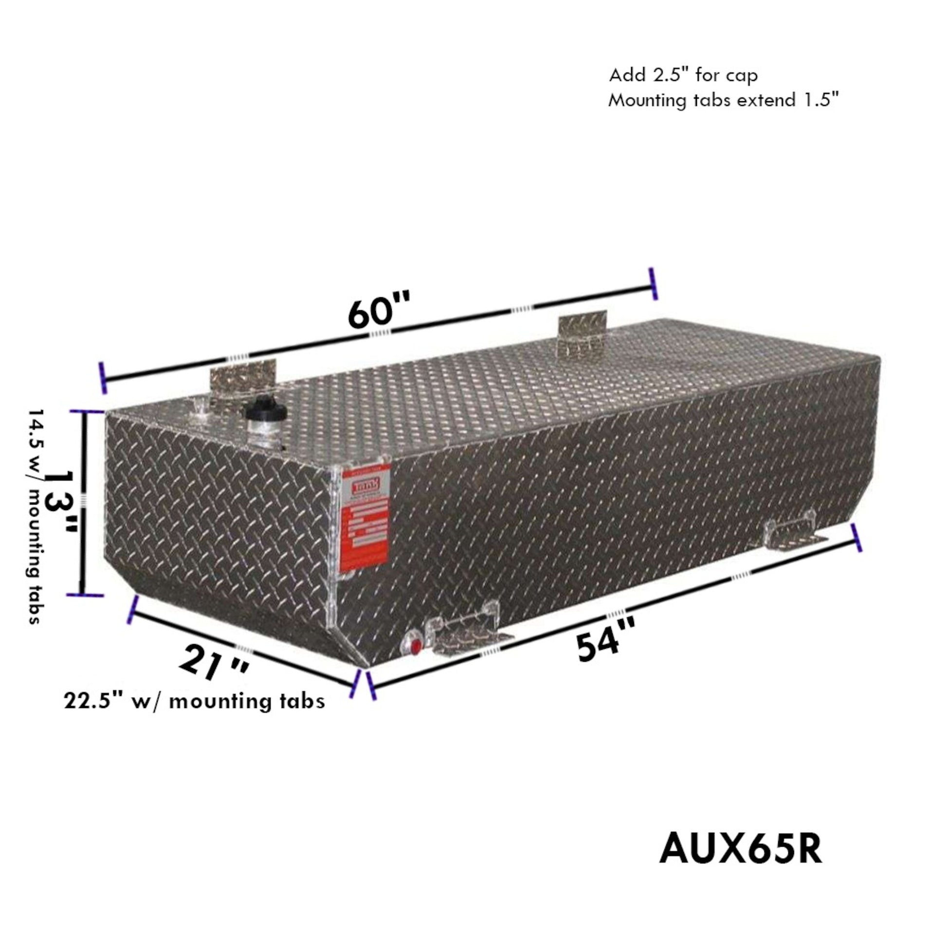 ATI AUX65R 62 gallon rectangular auxiliary diesel fuel tank SKU AUX65R with dimensions 13 in height, 22.5 in width including mounting tabs, 60 in length