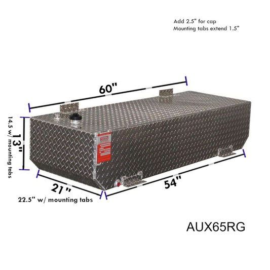 ATI AUX65RG 62 gallon rectangular auxiliary gasoline fuel tank SKU AUX65RG with dimensions 13 in height, 21 in width, 63 in length including mounting tabs