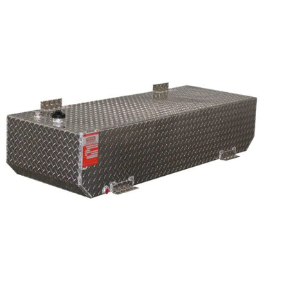 ATI AUX65RG 62 gallon rectangular auxiliary gasoline fuel tank SKU AUX65RG bright diamond plate aluminum side view with lockable filler cap