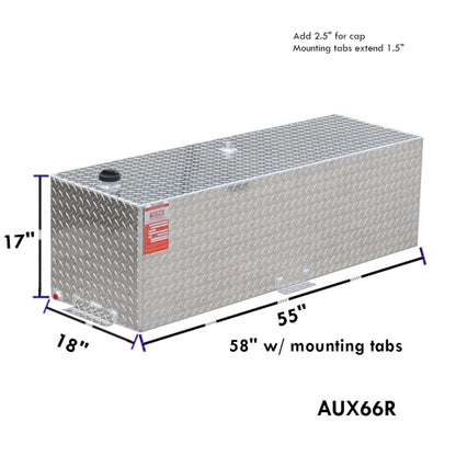 ATI AUX66R 66 gallon rectangular auxiliary diesel fuel tank SKU AUX66R with dimensions 17 in height, 18 in width, 58 in length including mounting tabs
