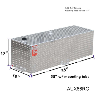 ATI AUX66RG 66 gallon rectangular auxiliary gasoline fuel tank SKU AUX66RG with dimensions 17 in height, 18 in width, 58 in length including mounting tabs