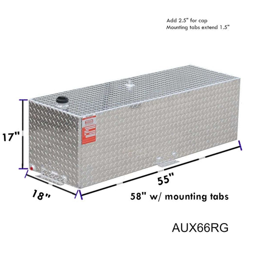 ATI AUX66RG 66 gallon rectangular auxiliary gasoline fuel tank SKU AUX66RG with dimensions 17 in height, 18 in width, 58 in length including mounting tabs