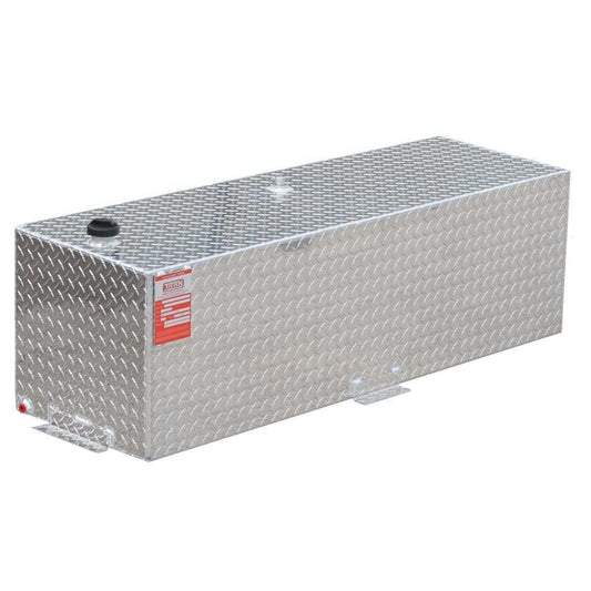 ATI AUX66RG 66 gallon rectangular auxiliary gasoline fuel tank SKU AUX66RG bright diamond plate aluminum side view with lockable filler cap