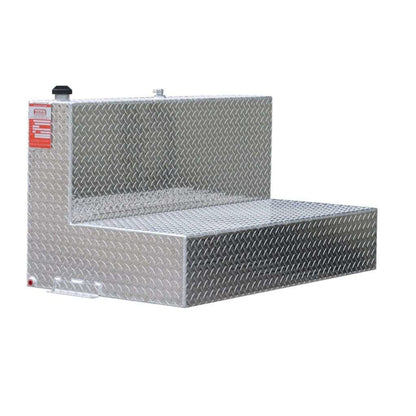 ATI AUX80L 80 gallon L-shaped auxiliary diesel fuel tank SKU AUX80L bright diamond plate aluminum full view with filler cap