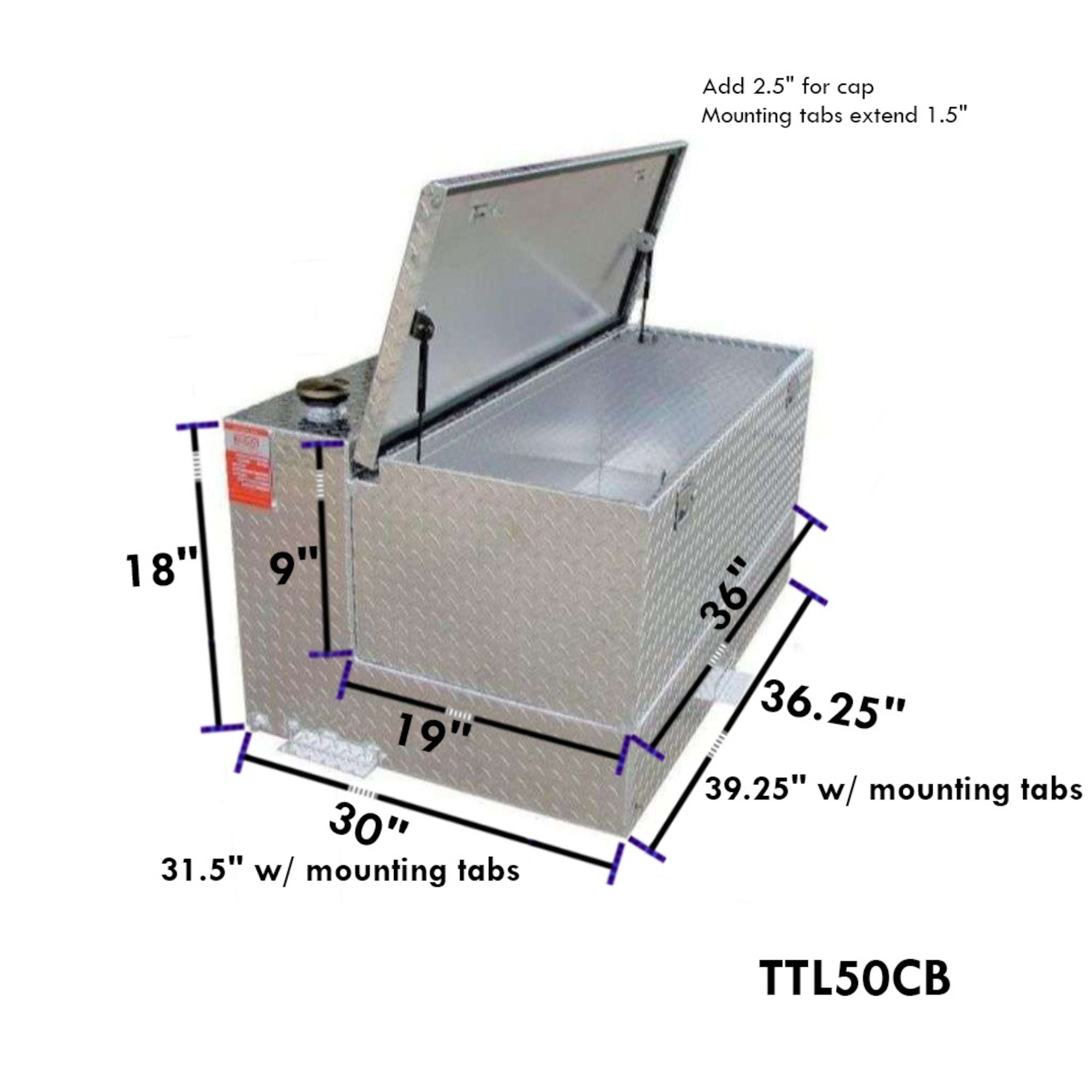 ATI TTL50CB 50 gallon combo transfer fuel tank toolbox SKU TTL50CB with dimensions 39.25 in width including mounting tabs, 31.5 in length including mounting tabs, 18 in total height, and 36 in tank depth