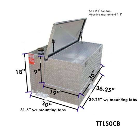 ATI TTL50CB 50 gallon combo transfer fuel tank toolbox SKU TTL50CB with dimensions 39.25 in width including mounting tabs, 31.5 in length including mounting tabs, 18 in total height, and 36 in tank depth