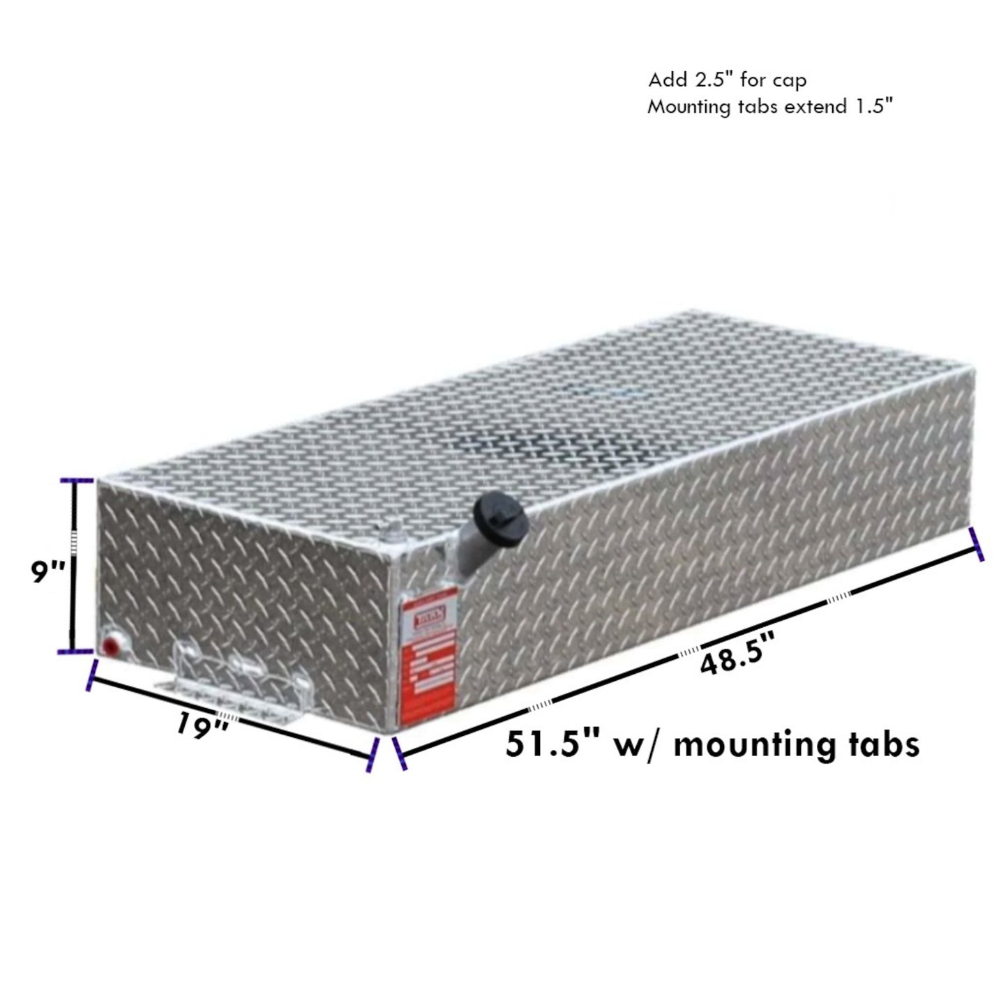 30-gallon ATI auxiliary diesel tank dimensions: 48.5" L x 19" W x 9" H (51.5" w/tabs), diamond-plate aluminum with 1.5" tab extension and cap clearance