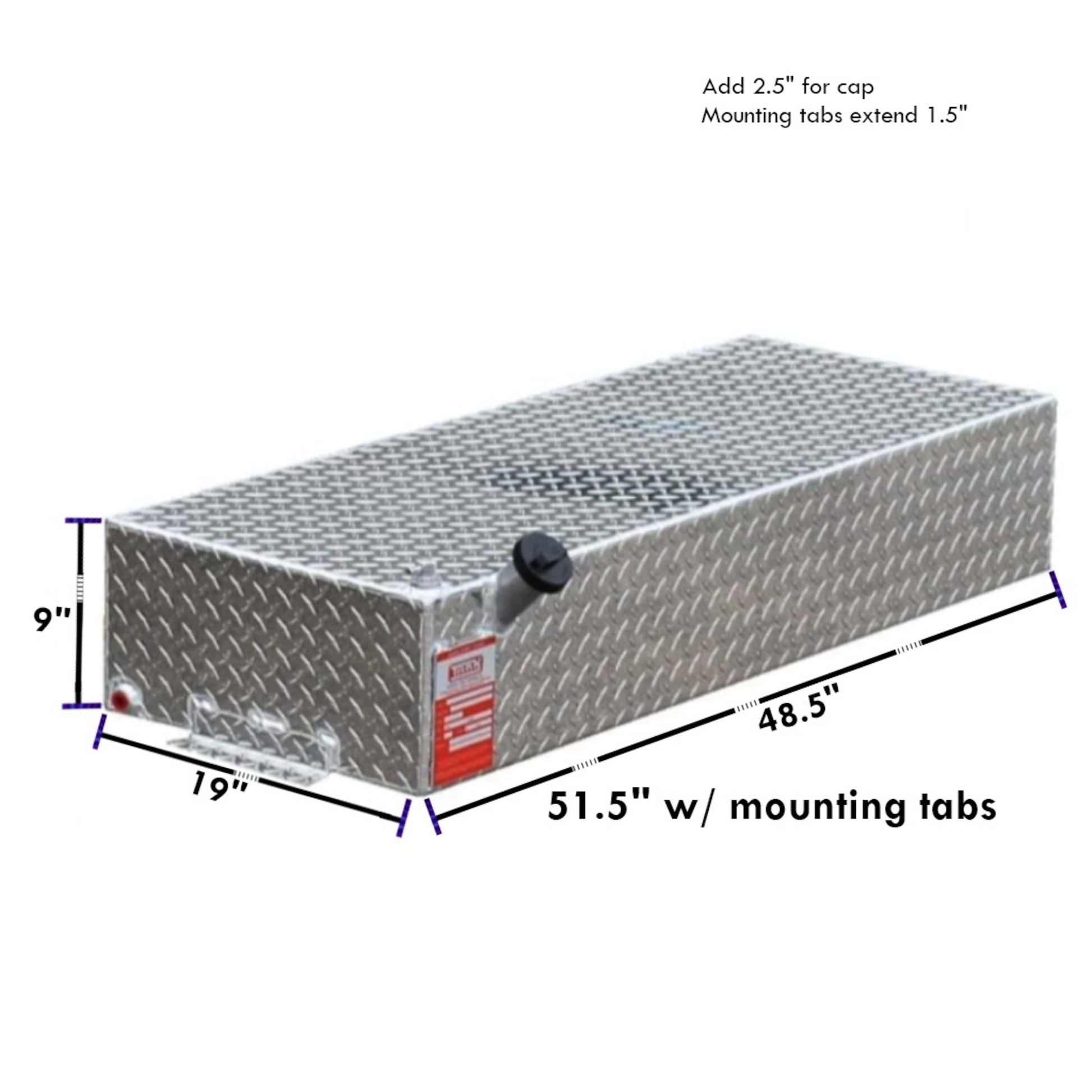 30-gallon ATI auxiliary diesel tank dimensions: 48.5" L x 19" W x 9" H (51.5" w/tabs), diamond-plate aluminum with 1.5" tab extension and cap clearance