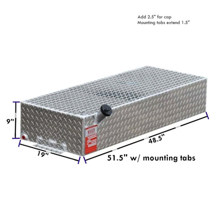 30-gallon ATI auxiliary diesel tank dimensions: 48.5" L x 19" W x 9" H (51.5" w/tabs), diamond-plate aluminum with 1.5" tab extension and cap clearance
