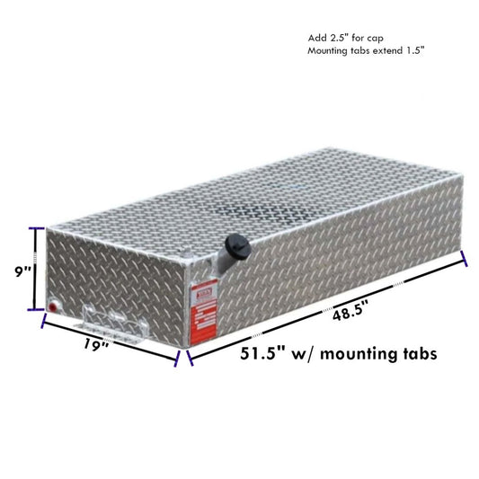 30-gallon ATI auxiliary diesel tank dimensions: 48.5" L x 19" W x 9" H (51.5" w/tabs), diamond-plate aluminum with 1.5" tab extension and cap clearance