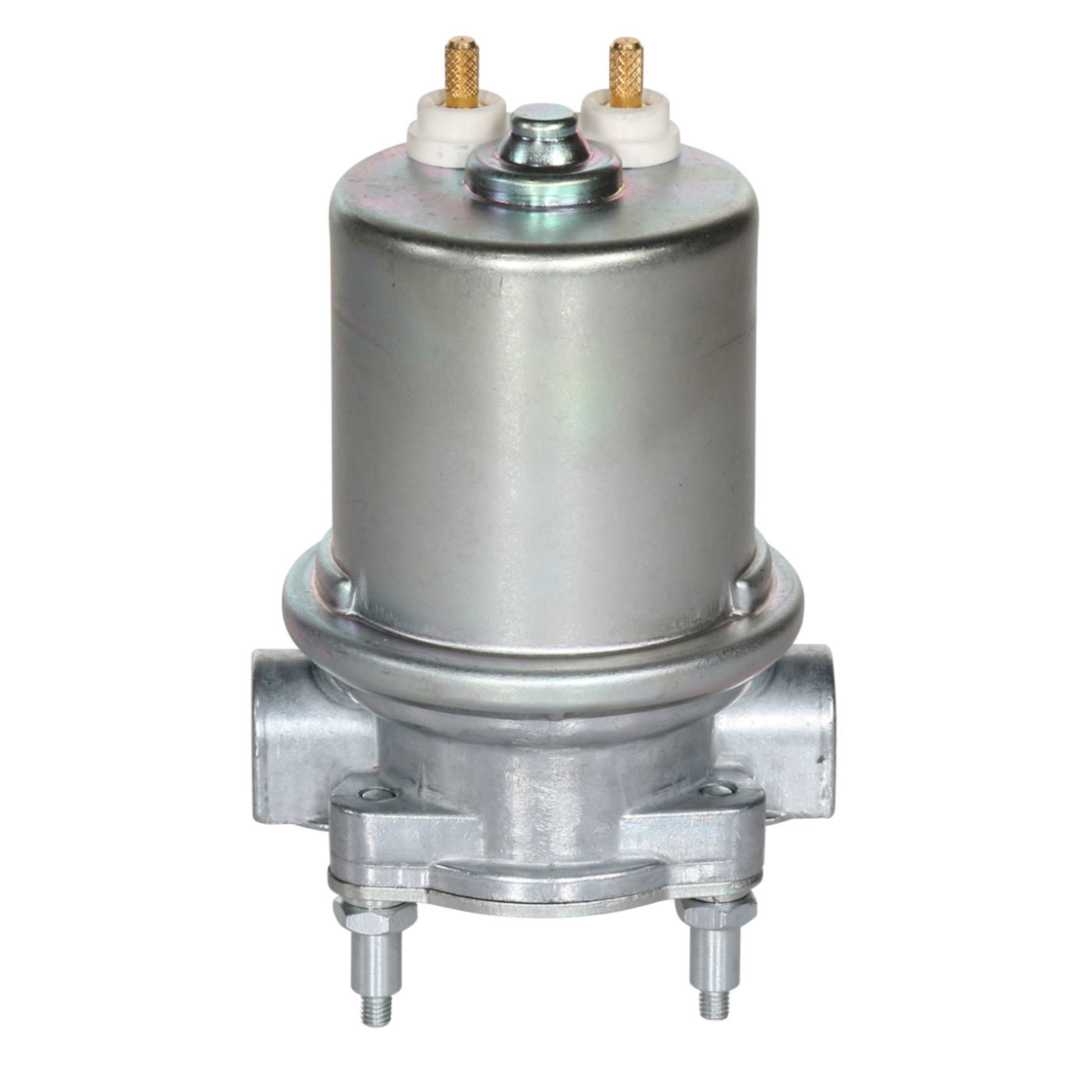 Carter 12V rotary vane in-line fuel pump: silver metal body with electrical terminals, threaded ports, and mounting bolts for auxiliary tank installation.