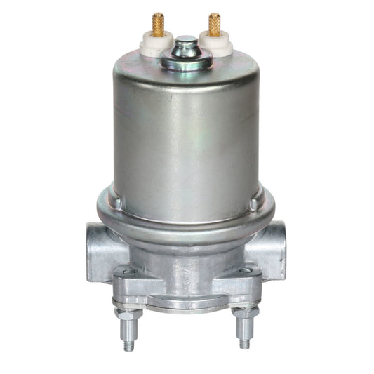 Carter 12V rotary vane in-line fuel pump: silver metal body with electrical terminals, threaded ports, and mounting bolts for auxiliary tank installation.