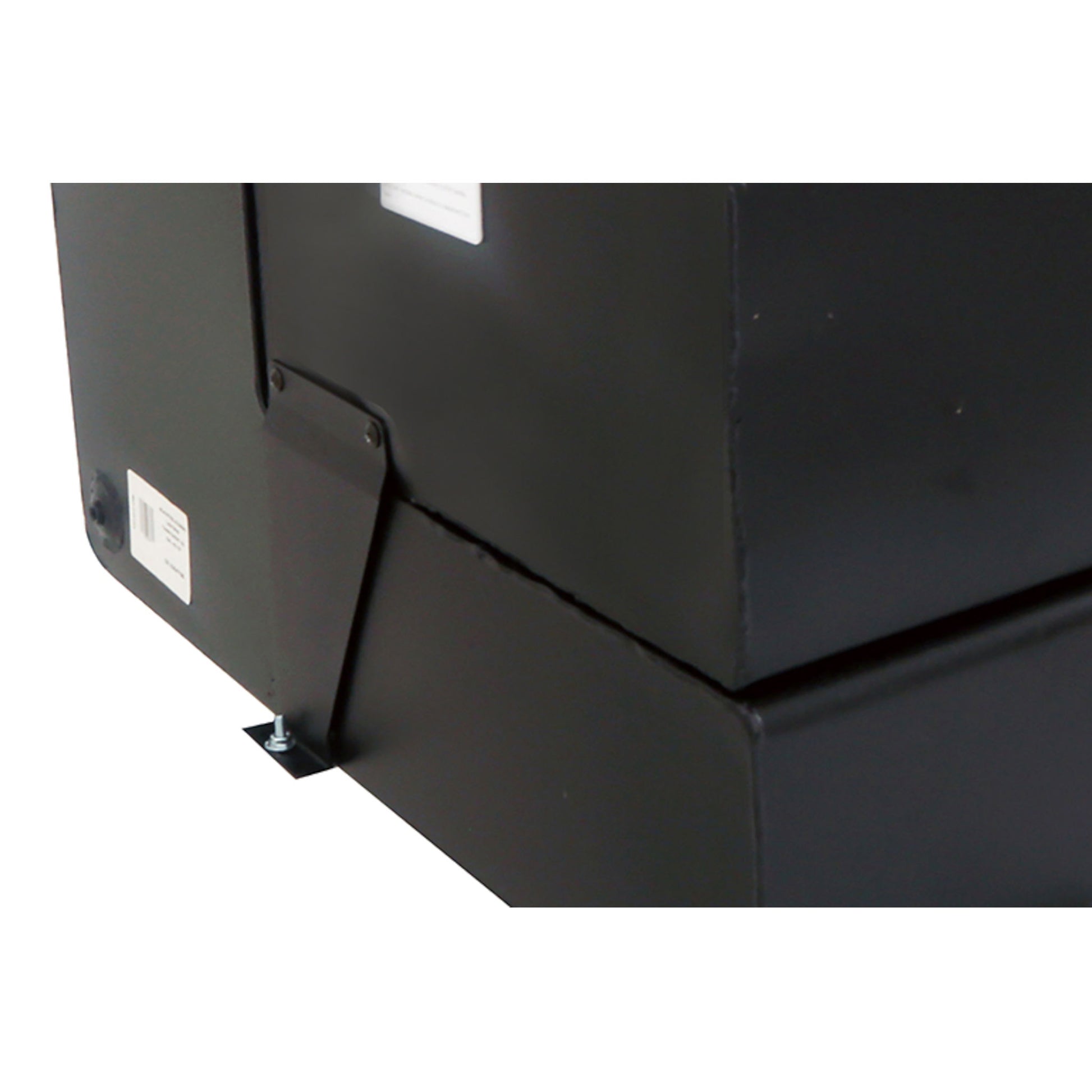 DeeZee DZ91740SB 50 gallon black steel transfer tank toolbox combo SKU DZ91740SB corner view with handle and mounting bracket