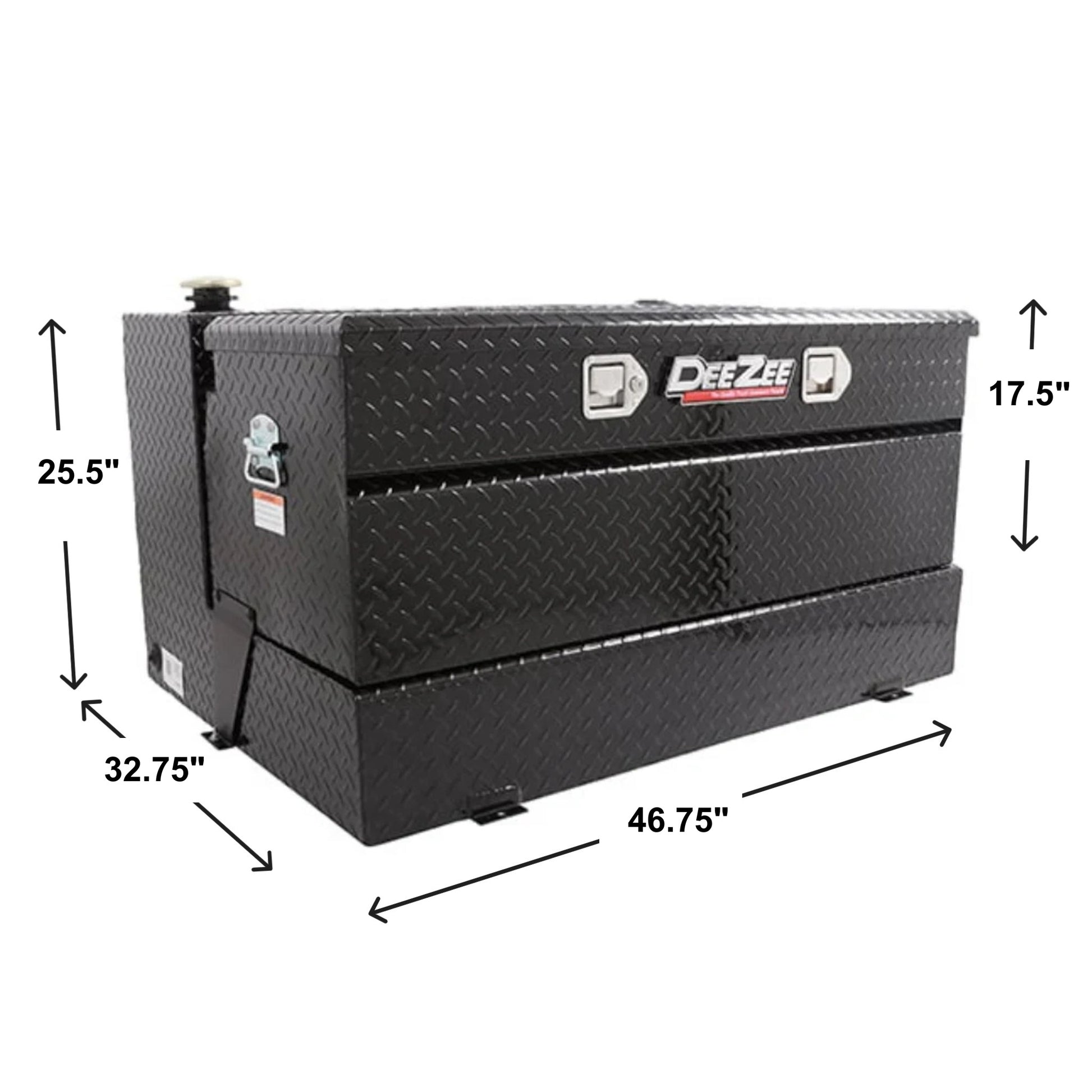 DeeZee DZ92647B 92 gallon black combo transfer tank toolbox SKU DZ92647B with dimensions 25.5 in tank height, 17.5 in toolbox height, 46.75 in length