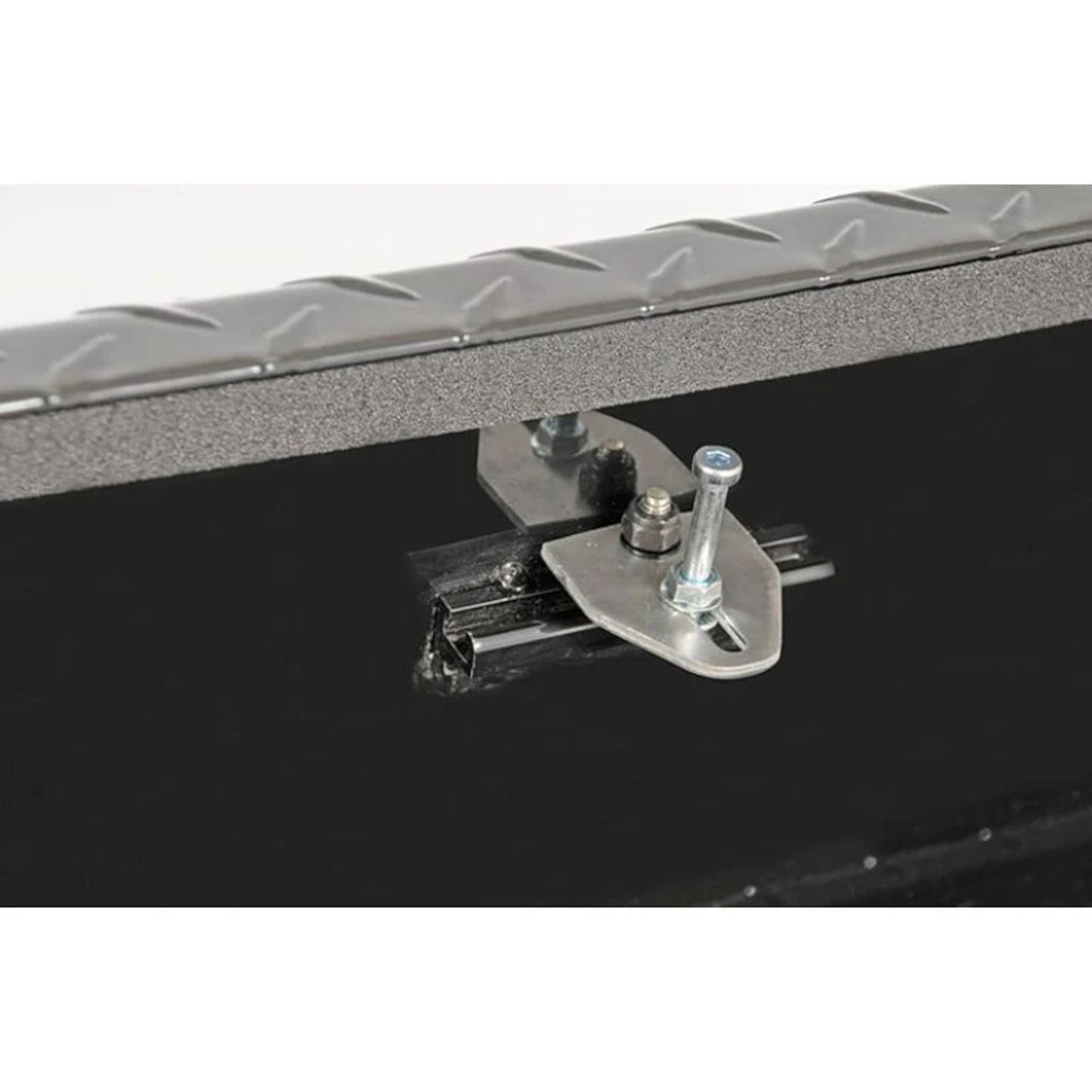 DeeZee DZ92647B black aluminum toolbox on combo transfer tank SKU DZ92647B stainless steel paddle handle lock close-up striker