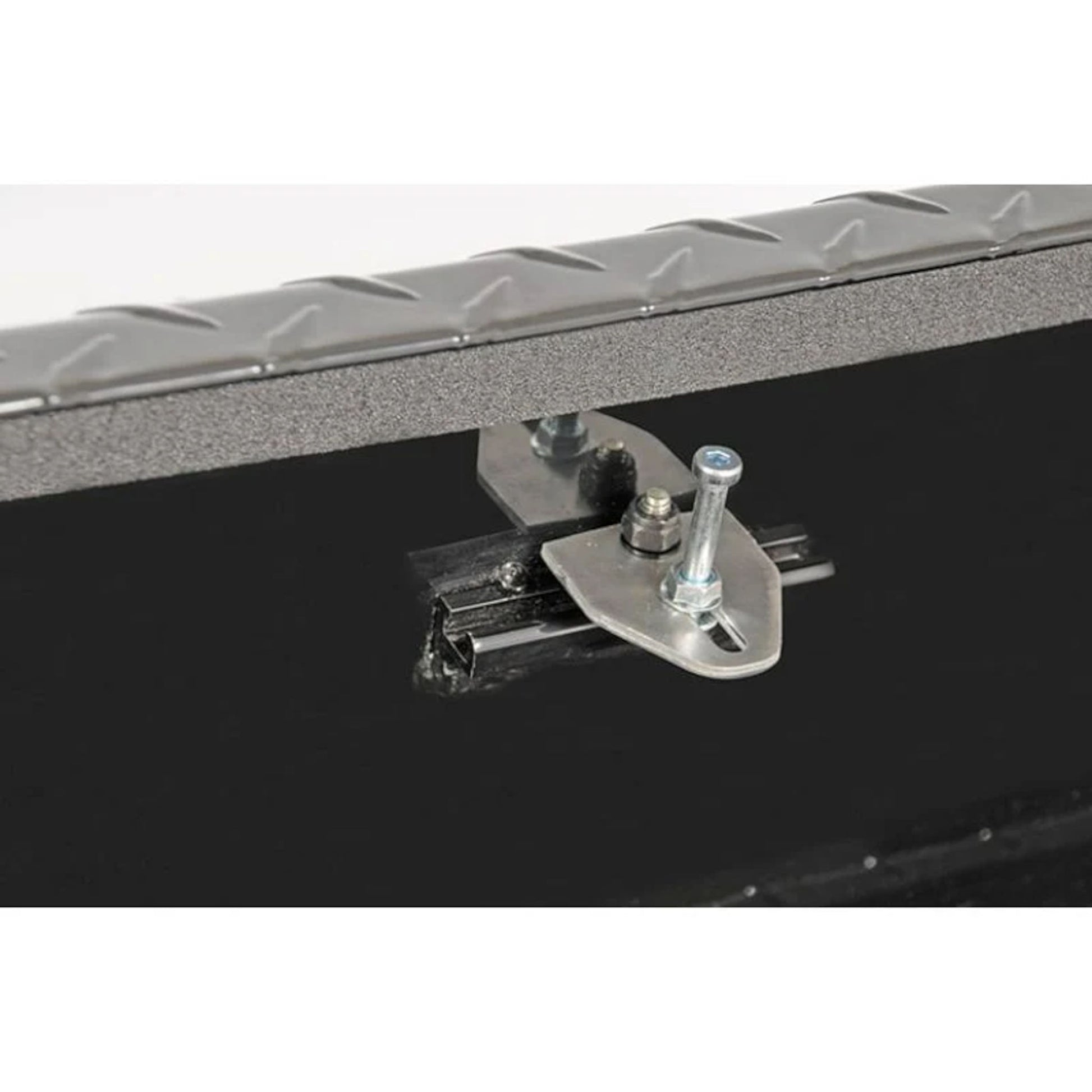 DeeZee DZ92647B black aluminum toolbox on combo transfer tank SKU DZ92647B stainless steel paddle handle lock close-up striker