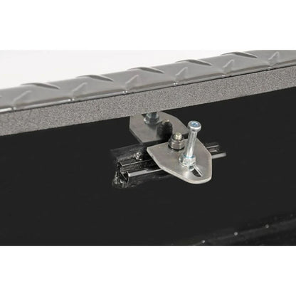 DeeZee DZ92647B black aluminum toolbox on combo transfer tank SKU DZ92647B stainless steel paddle handle lock close-up striker