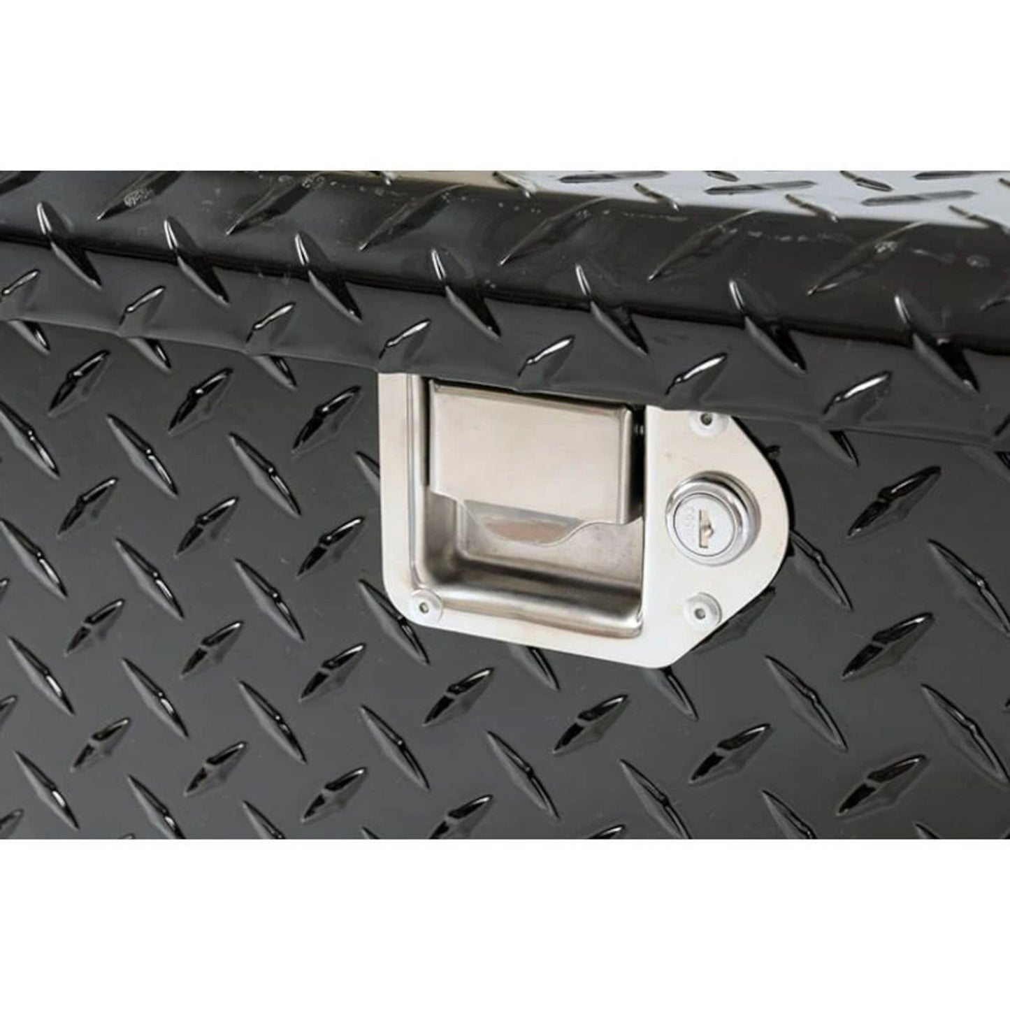 DeeZee DZ92647B black aluminum toolbox on combo transfer tank SKU DZ92647B stainless steel paddle handle lock close-up