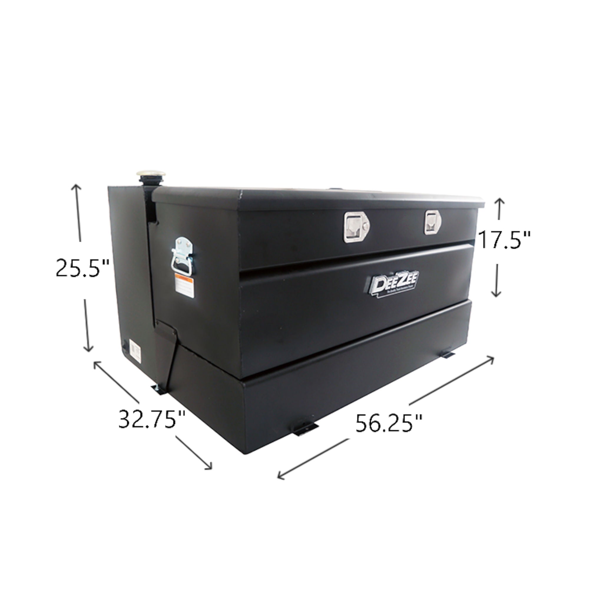 DeeZee DZ92656SB 111 gallon black steel transfer tank toolbox combo SKU DZ92656SB with dimensions 56.25 in length, 32.75 in width, 25.5 in height