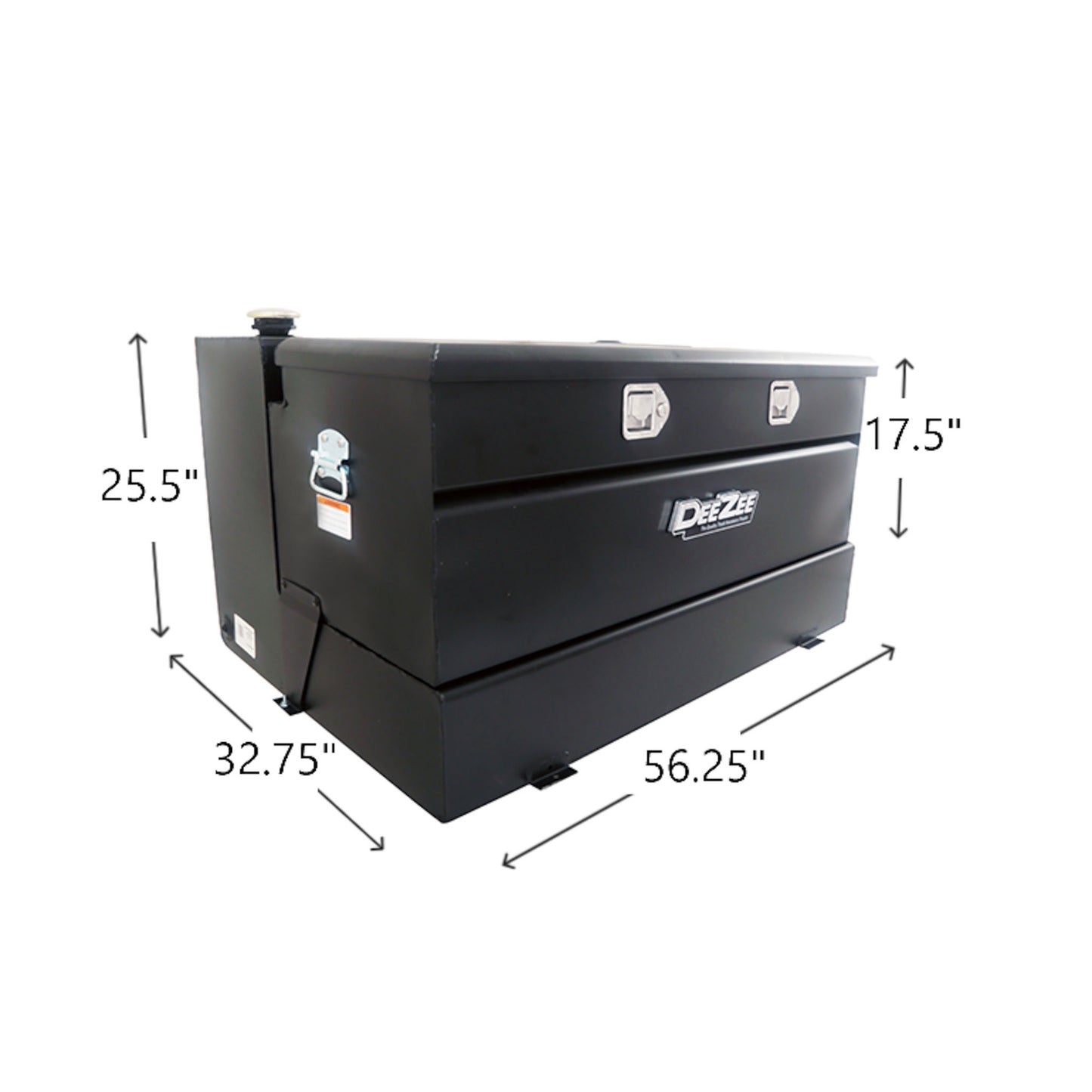 DeeZee DZ92656SB 111 gallon black steel transfer tank toolbox combo SKU DZ92656SB with dimensions 56.25 in length, 32.75 in width, 25.5 in height