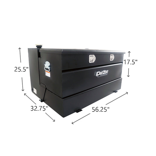 DeeZee DZ92656SB 111 gallon black steel transfer tank toolbox combo SKU DZ92656SB with dimensions 56.25 in length, 32.75 in width, 25.5 in height