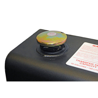 DeeZee DZ92656SB 111 gallon black steel transfer tank SKU DZ92656SB lockable fill cap with warning label