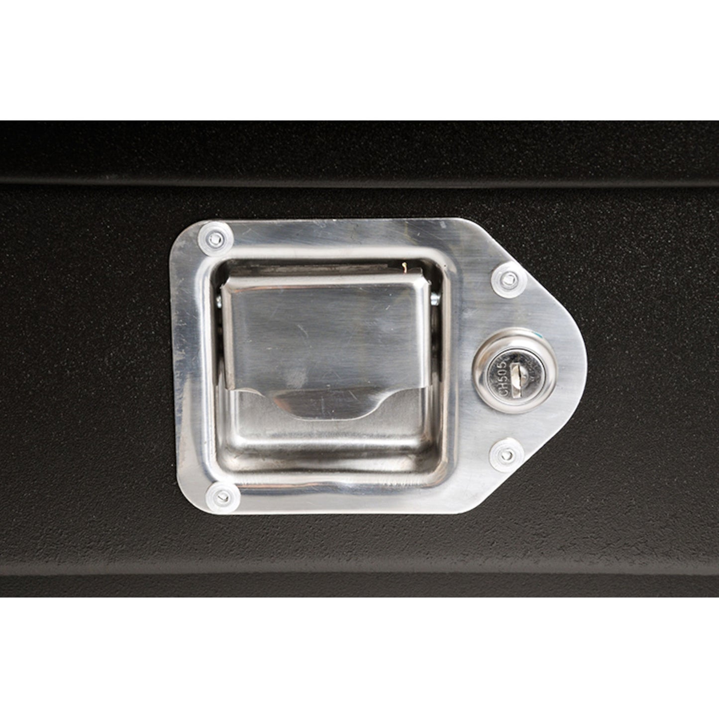 DeeZee DZ92656SB 111 gallon transfer tank toolbox combo SKU DZ92656SB stainless steel locking paddle handle close-up