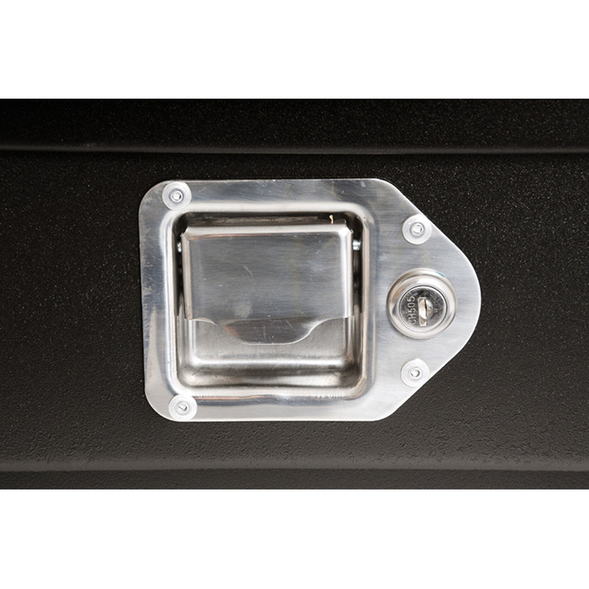 DeeZee DZ92656SB 111 gallon transfer tank toolbox combo SKU DZ92656SB stainless steel locking paddle handle close-up