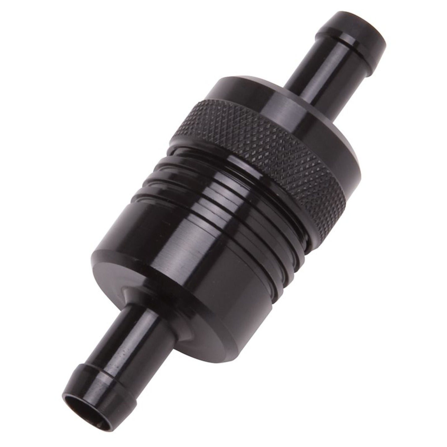 Edelbrock 8157 3 inch aluminum inline fuel filter for auxiliary fuel tank systems black anodized housing