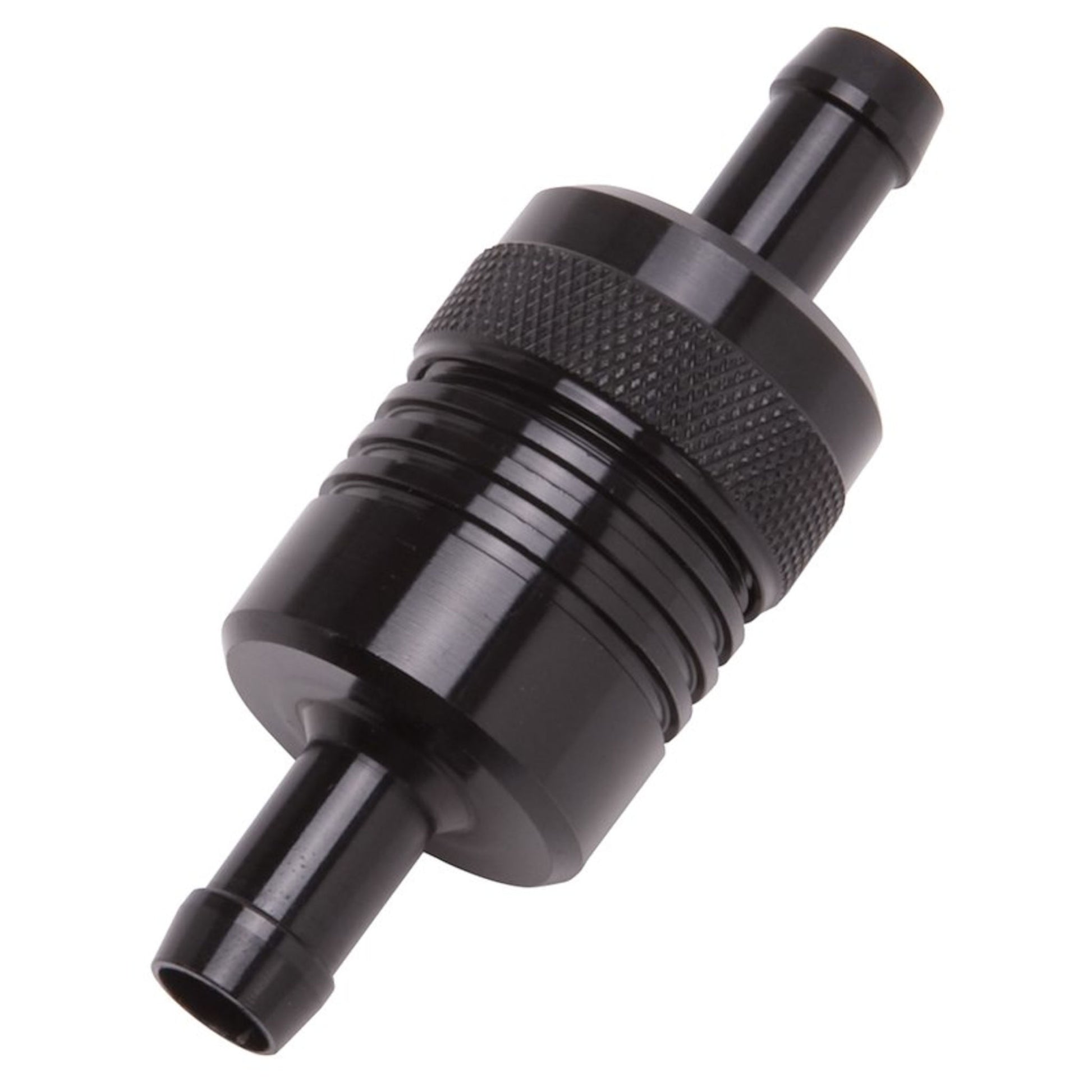 Edelbrock 8157 3 inch aluminum inline fuel filter for auxiliary fuel tank systems black anodized housing