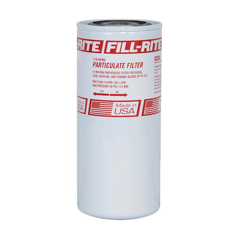 Fill-Rite 10 micron particulate fuel filter designed for diesel, gasoline, and ethanol blends, providing fuel filtration for transfer pump systems. SKU: F1810PM0
