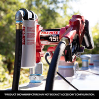Fill-Rite 10 micron particulate fuel filter installed on a fuel transfer pump system, filtering debris and contaminants during fuel dispensing. SKU: F1810PM0