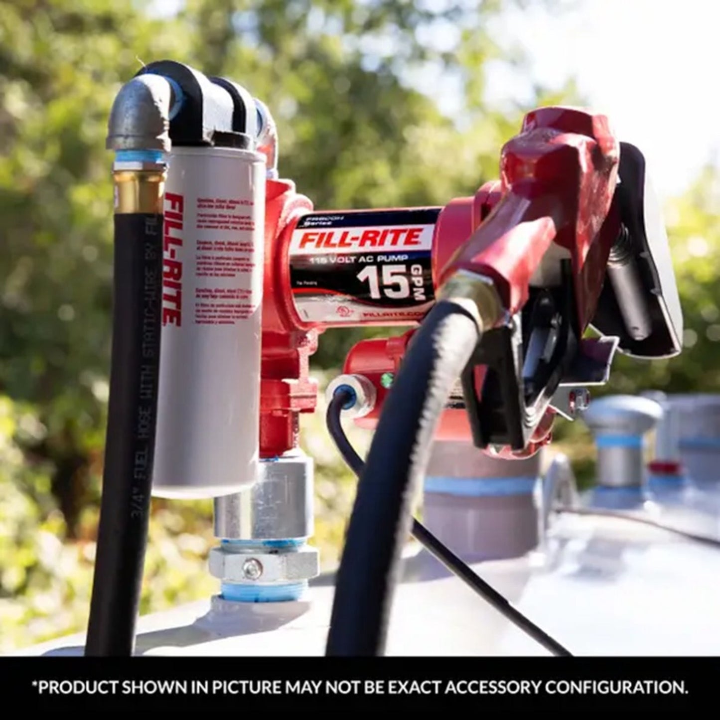Fill-Rite 1200KTF7018 10 micron particulate filter kit mounted on fuel transfer pump with hose and nozzle in outdoor setting; note: product shown may vary in exact accessory configuration