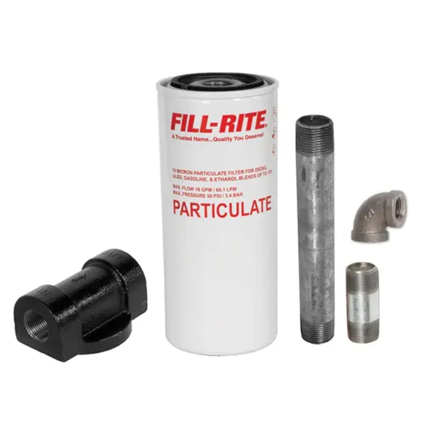 Fill-Rite 1200KTF7018 10 micron particulate fuel filter kit, including F1810PM0 spin-on filter canister and installation fittings (elbow, nipples) for diesel, gasoline, and biodiesel