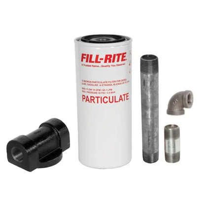 Fill-Rite 1200KTF7018 10 micron particulate fuel filter kit, including F1810PM0 spin-on filter canister and installation fittings (elbow, nipples) for diesel, gasoline, and biodiesel