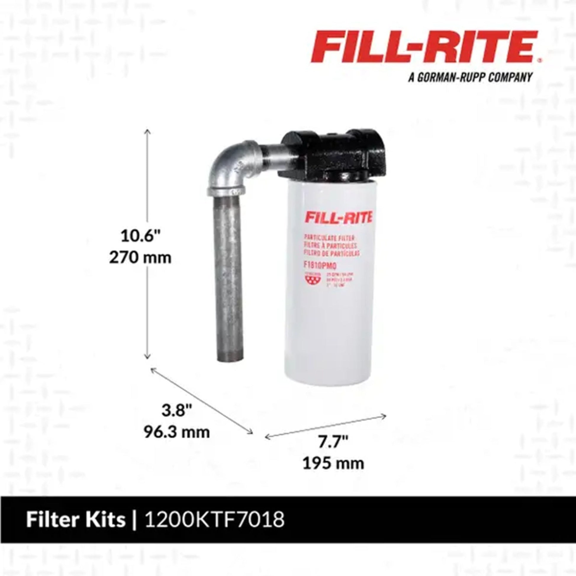 Fill-Rite 1200KTF7018 10 micron fuel filter kit dimensions: height 10.6 inches (270 mm), width 7.7 inches (195 mm), depth 3.8 inches (96.3 mm)
