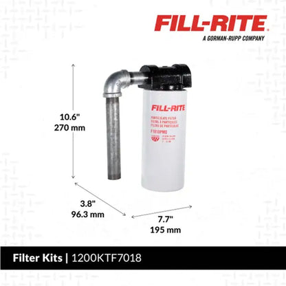 Fill-Rite 1200KTF7018 10 micron fuel filter kit dimensions: height 10.6 inches (270 mm), width 7.7 inches (195 mm), depth 3.8 inches (96.3 mm)