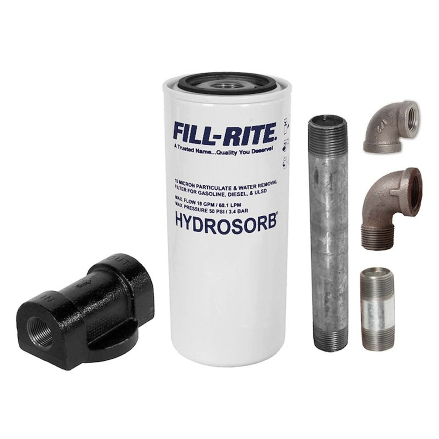 Fill-Rite 1210KTF7019 Hydrosorb 10 micron water-detecting and particulate fuel filter kit, including spin-on filter canister and installation fittings for gasoline, diesel, and ULSD