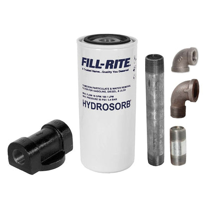 Fill-Rite 1210KTF7019 Hydrosorb 10 micron water-detecting and particulate fuel filter kit, including spin-on filter canister and installation fittings for gasoline, diesel, and ULSD