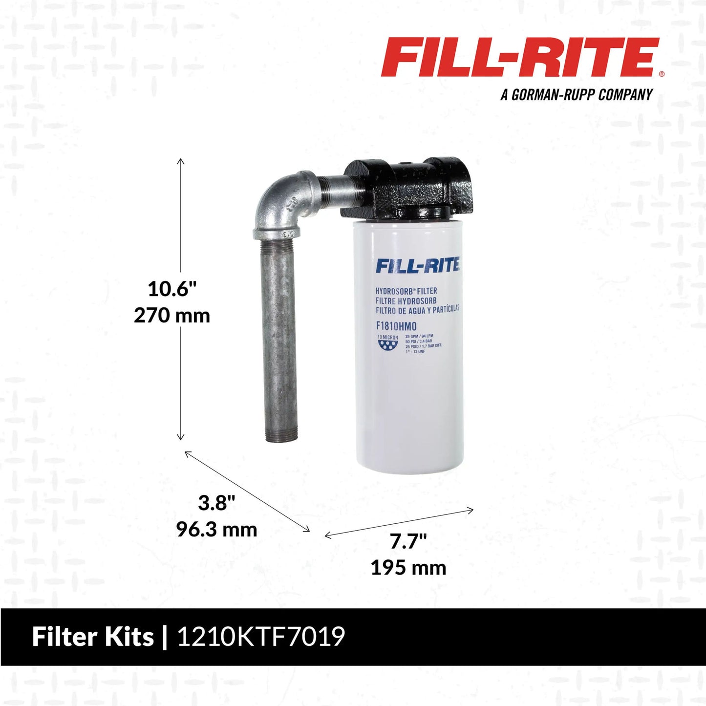 Fill-Rite 1210KTF7019 Hydrosorb water-blocking fuel filter kit dimensions: height 10.6 inches (270 mm), width 7.7 inches (195 mm), depth 3.8 inches (96.3 mm)