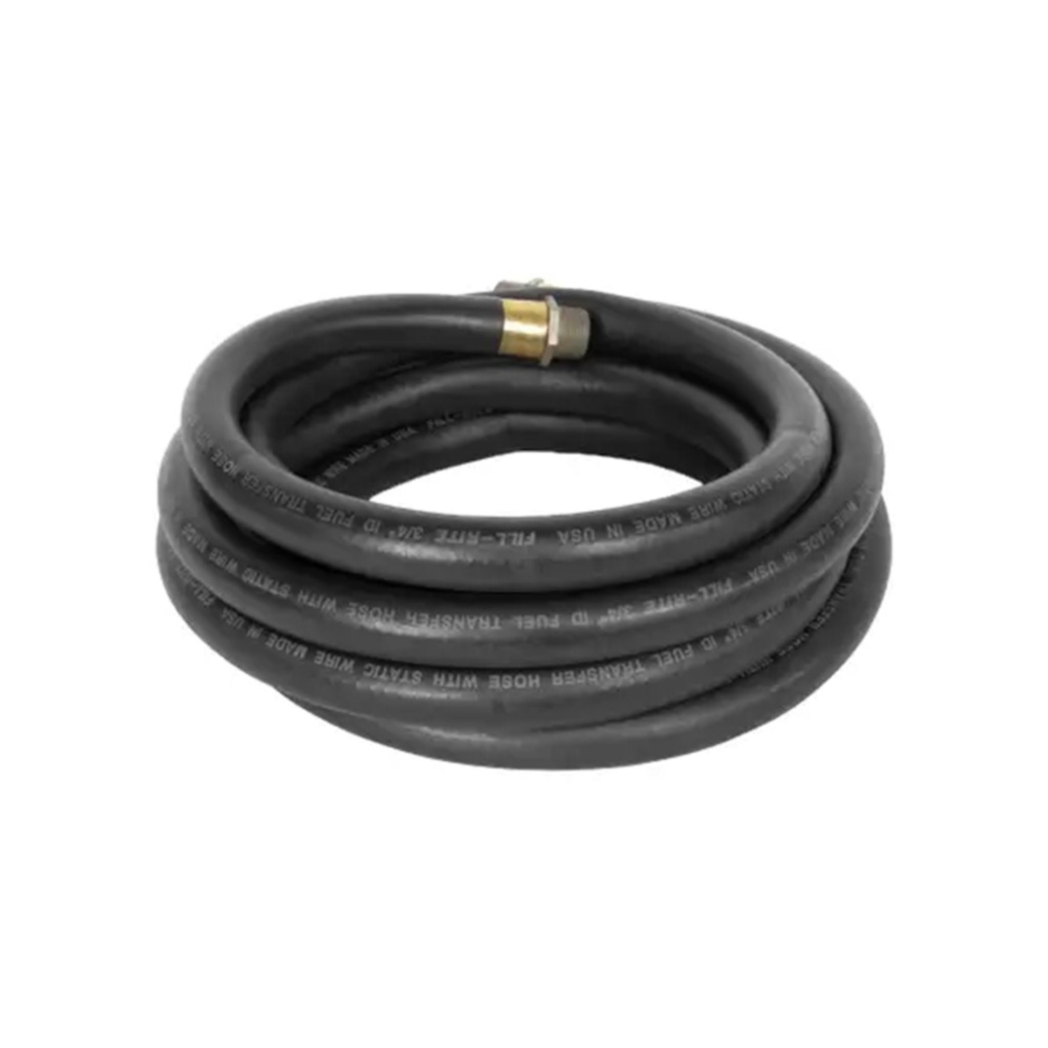 Fill-Rite 3/4" x 20' heavy-duty fuel transfer hose coiled view, showing brass NPT factory-crimped end fitting and static wire reinforcement for durable performance