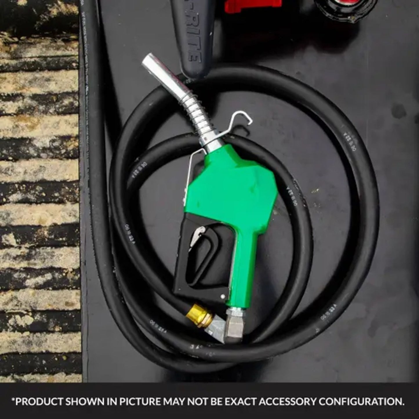 Fill-Rite 3/4" x 20' UL listed fuel transfer hose with factory-crimped fittings and green manual nozzle; features internal static ground wire for gasoline, diesel, and biodiesel safety