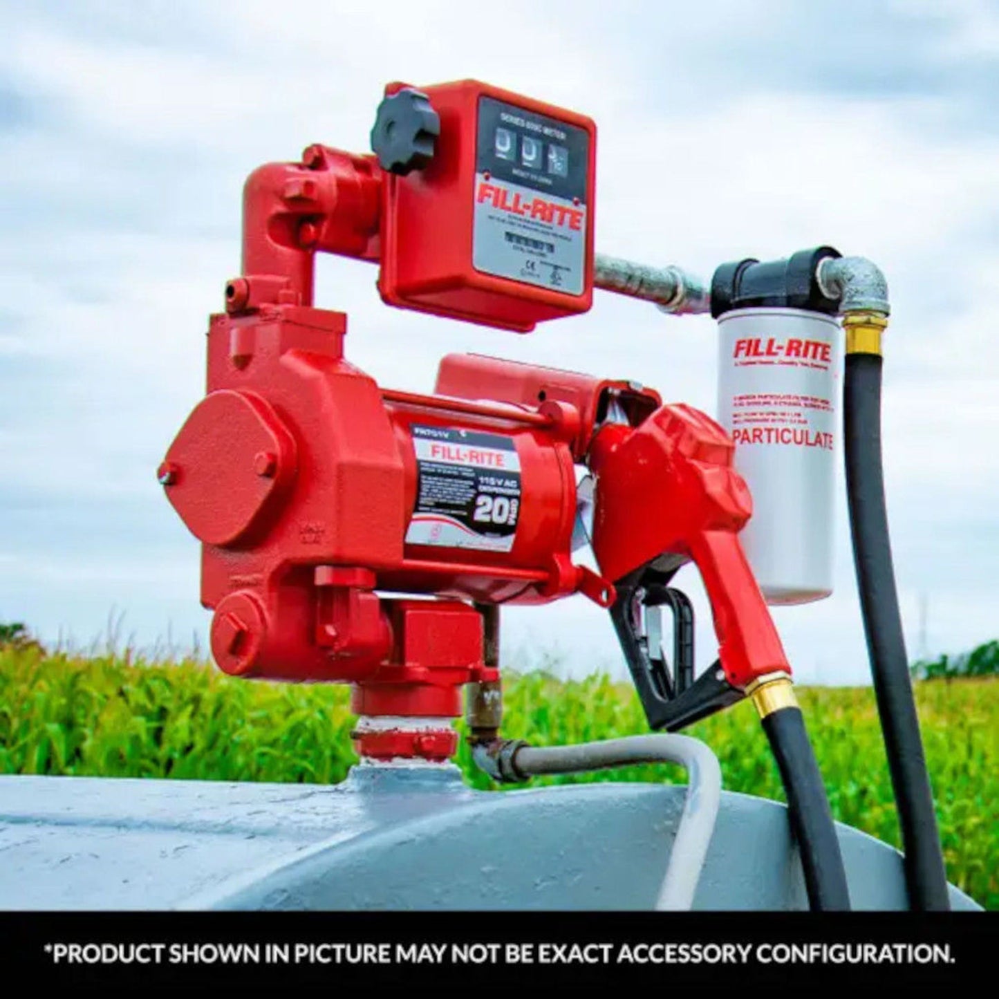 Fill-Rite 807CMK mechanical fuel meter mounted on fuel transfer pump with particulate filter and manual nozzle; note: product shown may vary in exact accessory configuration