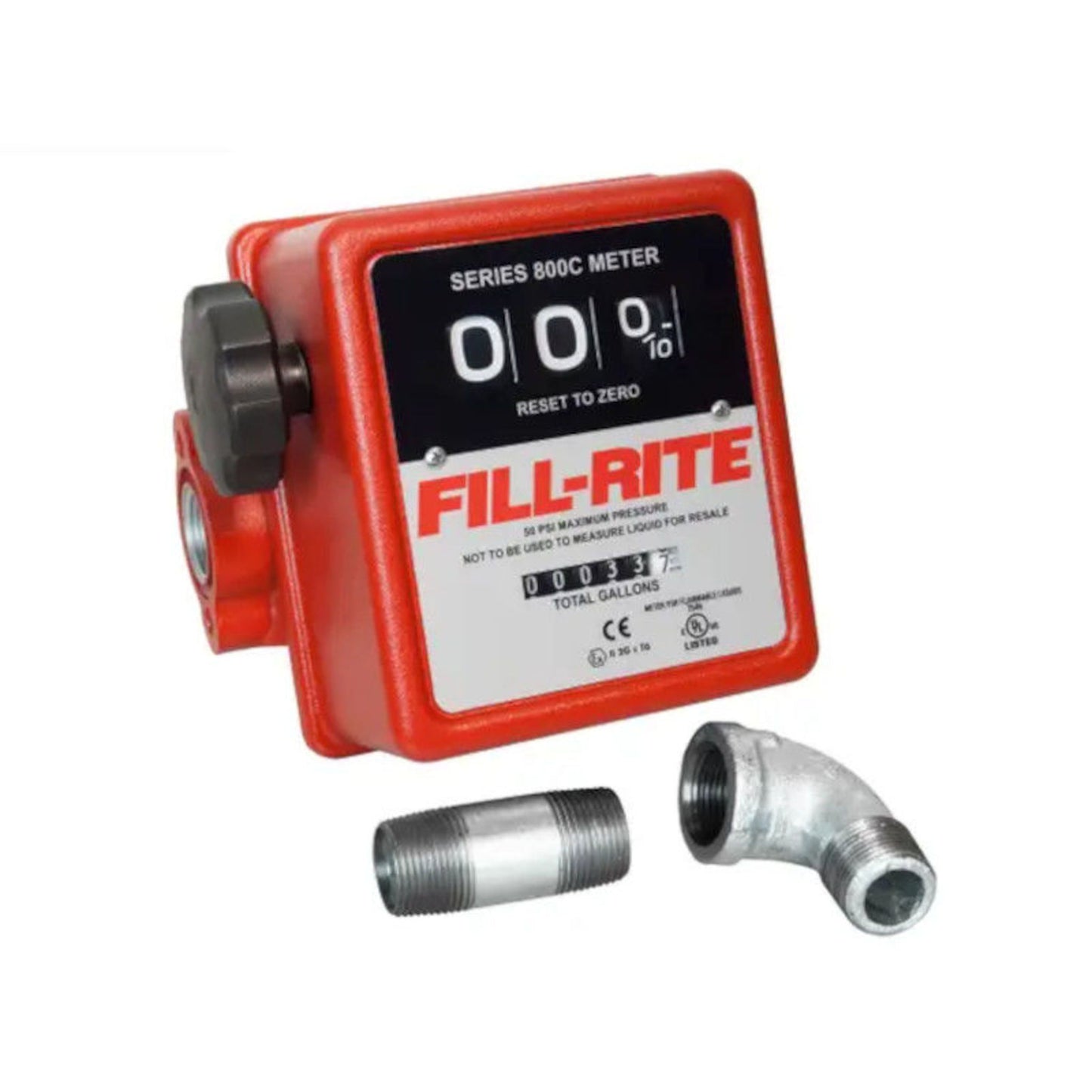 Fill-Rite 807CMK 5-20 GPM mechanical fuel meter shown with included pipe nipple and 90-degree elbow fittings for easy installation