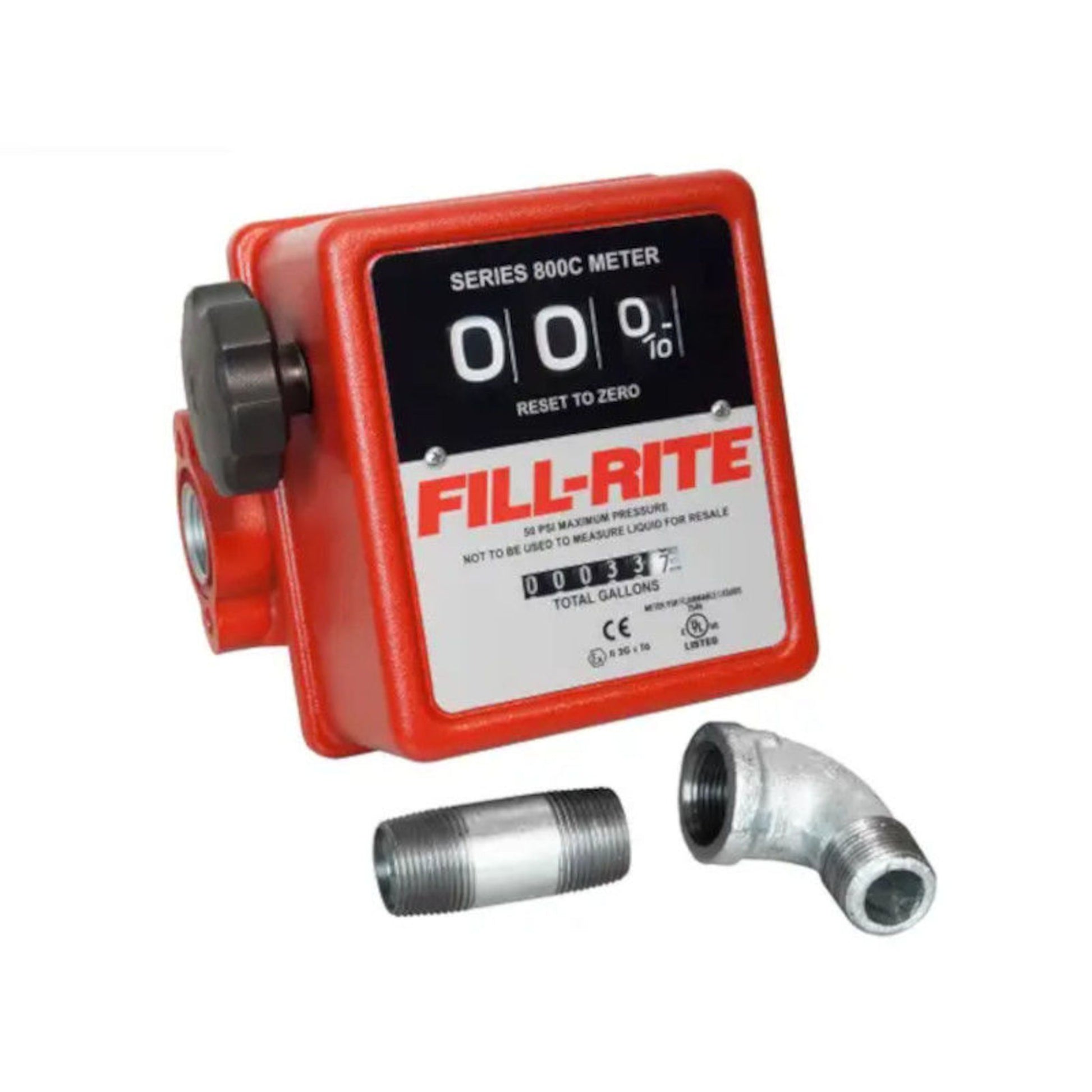 Fill-Rite 807CMK 5-20 GPM mechanical fuel meter shown with included pipe nipple and 90-degree elbow fittings for easy installation