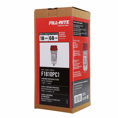 Original retail packaging box for the Fill-Rite 10 Micron Particulate Filter F1810PC1, showing product image, multilingual specifications, 18 GPM max flow, 1" inlet/outlet, compatibility with gasoline, diesel, B20, and E15 fuels, and included clear canister and installation instructions.