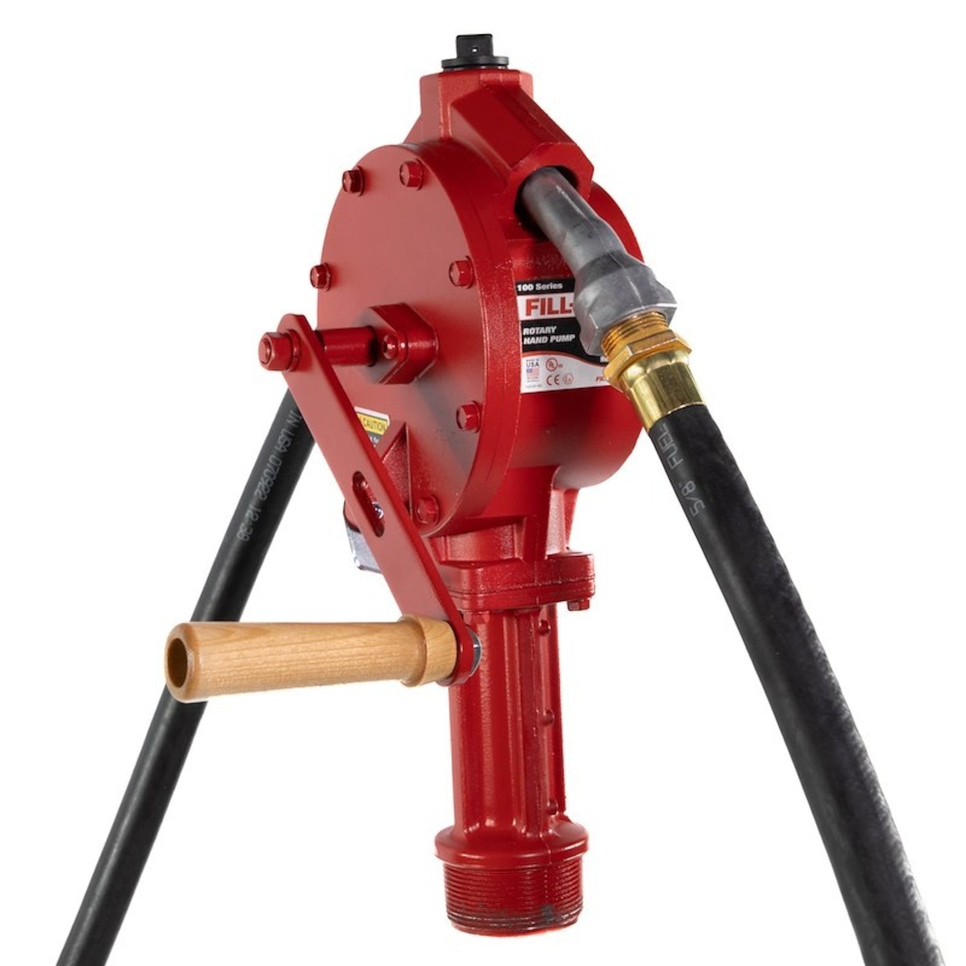 Fill-Rite FR112 rotary hand pump in garage, with wooden handle and brass nozzle