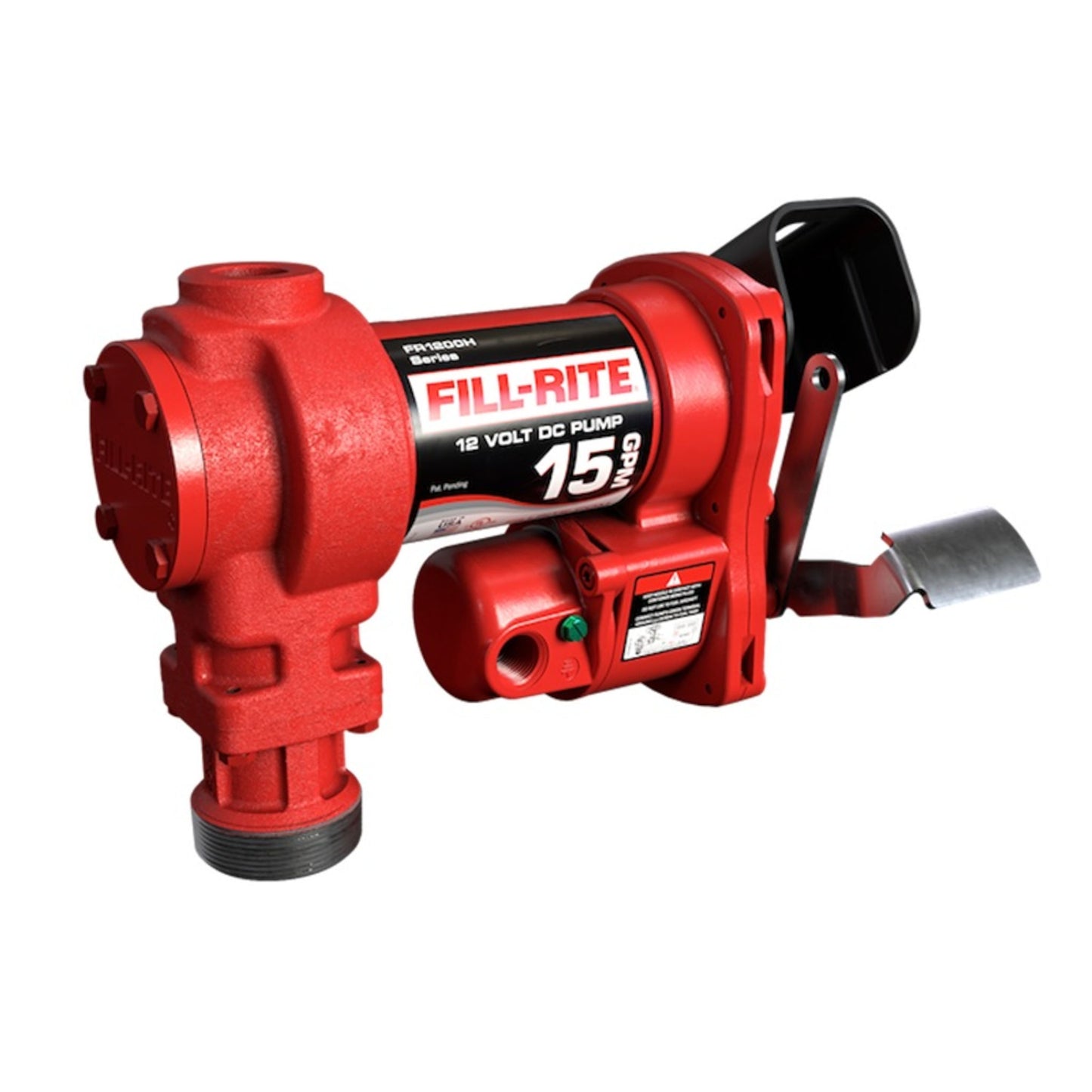 Side view of Fill-Rite FR1204H heavy-duty 12 volt DC 15 GPM fuel transfer pump (pump only) showing cast-iron construction and integrated nozzle holder