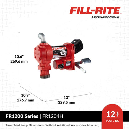 Fill-Rite FR1204H 12V DC 15 GPM fuel transfer pump bare dimensions (without additional accessories): height 10.6 inches, width 13 inches, depth 10.9 inches